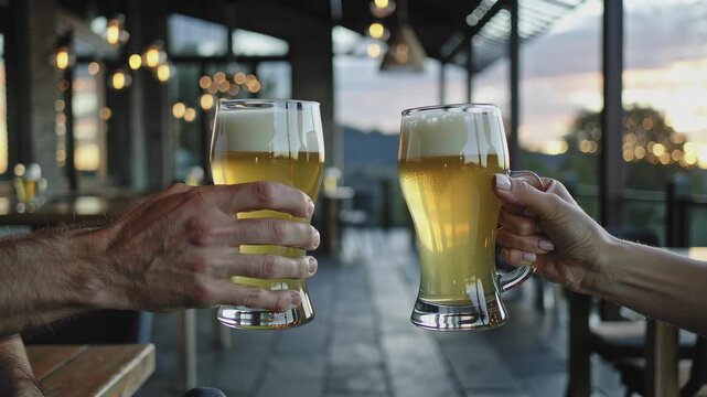 Friends clinking beer glasses on outdoor patio at sunset. Hands toasting alcohol celebration. Social drinking concept