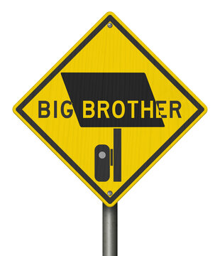 Surveillance camera icon with big brother text yellow warning sign isolated on white for license plate reader LPR