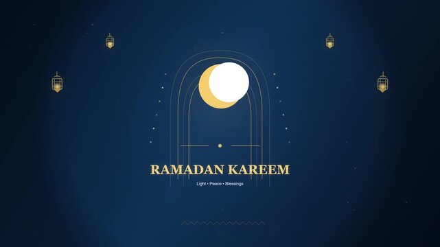 A glowing crescent moon shines brightly above the sacred text of Ramadan Kareem while golden lanterns hang in the night sky to celebrate this holy month of prayer and reflection for all