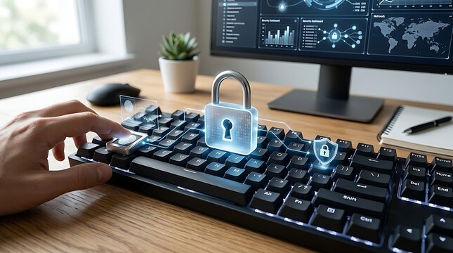 Cybersecurity concept with glowing padlock on keyboard and data visualization on screen
