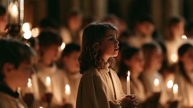 A choir of children in a church holding candles, singing Christmas carols, warm glowing faces, religious community