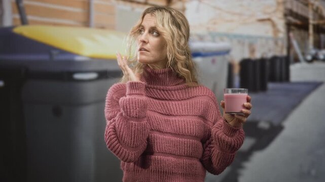 Woman holding a strawberry shake in a glass, finger to lips tasting with hand on cheek, wearing chunky pink sweater in street beside dumpsters and bins; contemplation.