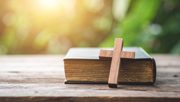 Simple wooden cross on old closed Bible on rustic wooden table, aged leather cover, worn page edges and authentic wood texture, peaceful spiritual atmosphere, Christian faith and devotion concept.