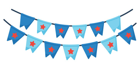 Obraz premium Blue bunting flag garland with red stars party decoration banner string hanging pennant vector illustration
