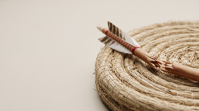 A splintered arrow rests on a woven target, a powerful visual metaphor for a missed objective, unexpected failure, or the challenge of facing setbacks