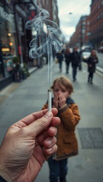 Hand holding a burning cigarette with smoke rising in front of a child covering his mouth on a city sidewalk.