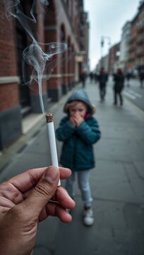 Hand holding a burning cigarette with smoke rising in front of a child covering his mouth on a city sidewalk.