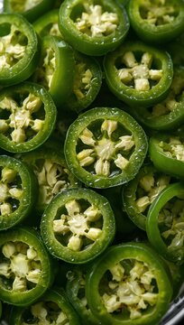 Fresh green jalape&ntilde;o chili pepper slices with seeds creating a vibrant spicy food pattern.