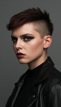 Confident young woman with edgy pixie undercut hairstyle and dark smokey makeup wearing black leather jacket.