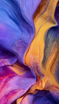 Vibrant fluid acrylic art texture with flowing swirls of purple, blue, yellow, and orange paint.