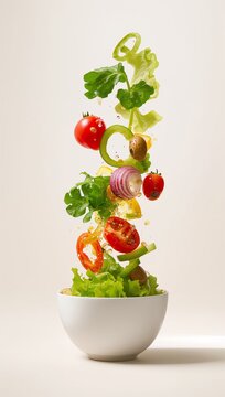 Fresh mixed salad ingredients flying and falling directly into a white ceramic bowl.