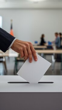 Voter in business suit putting ballot paper into voting box at polling place station during elections.
