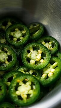 Fresh green jalape&ntilde;o chili pepper slices with seeds creating a vibrant spicy food pattern.
