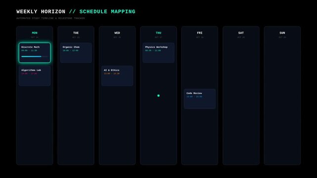 Digital Weekly Schedule Planner Interface with Animated Progress Indicator for Student Time Management