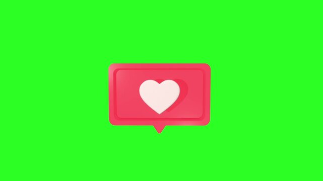 3D animated red heart like speech bubble notification icon for social media isolated on green screen