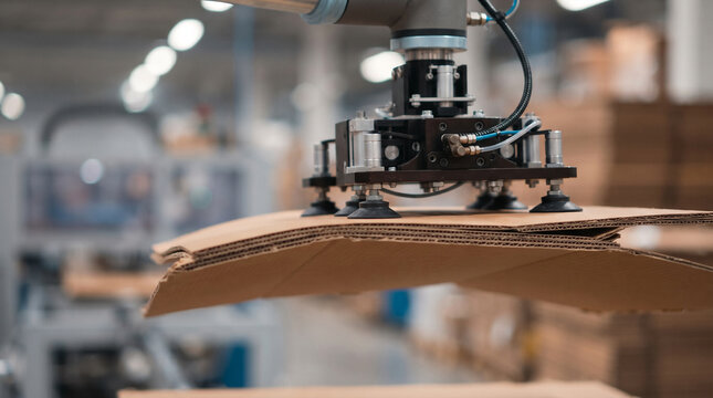 Industrial robot arm with vacuum suction cups lifting corrugated cardboard