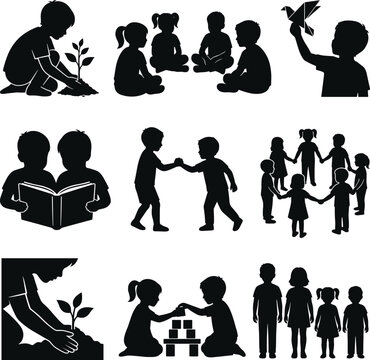 Children Vector Silhouettes Set Playing Learning Planting and Friendship Activities for Education Design