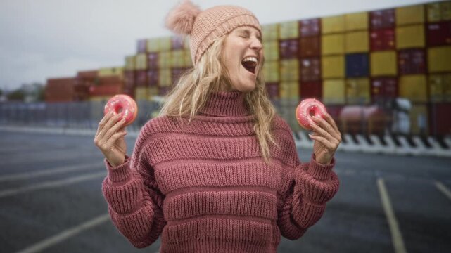 Woman holding two pink donuts laughing with eyes closed on street near stacked shipping containers and parking asphalt; happiness playful fun.