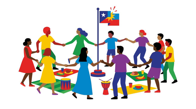 Diverse Group of People Dancing Around a Flag Celebrating Unity and Community