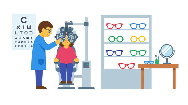 Eye Doctor Performing Vision Test with Patient in Optometry Clinic Flat Illustration