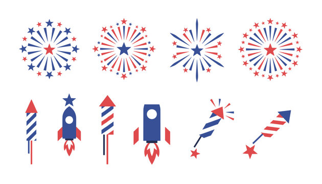Patriotic fireworks display set features various colorful rocket explosions and firecrackers in red, white, and blue colors on a clean white background.