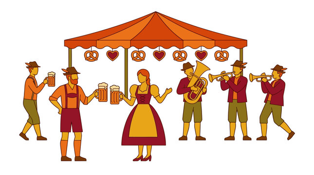 Oktoberfest Beer Festival Celebration Vector Illustration with Bavarian People in Traditional Dirndl and Lederhosen, Brass Band, and Tent