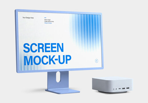 Modern Computer Monitor Screen Mockup with Mini PC on White Background