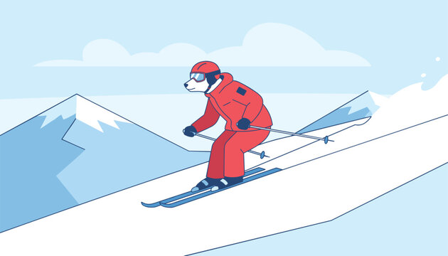 Athletic polar bear wearing a red ski suit and goggles gracefully carving down a snow-covered mountain slope on a sunny winter day.