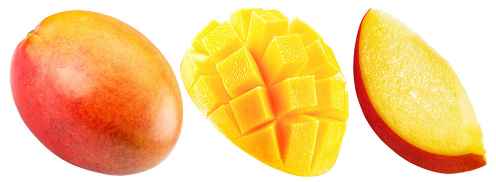 Three types of mango fruit showing whole and sliced varieties