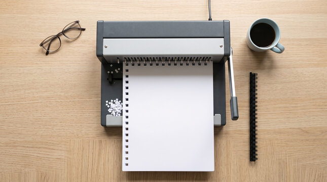 Office binder machine punching paper with notebook and coffee mug