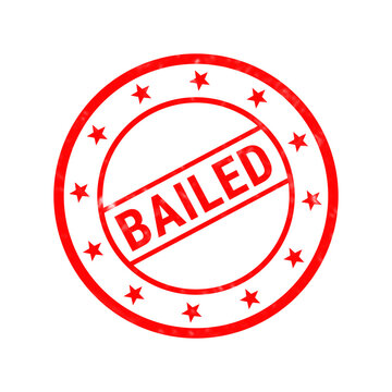 Bailed red rubber stamp icon, circular weathered ink seal with stars, grunge textured bailed sign for legal and financial concepts