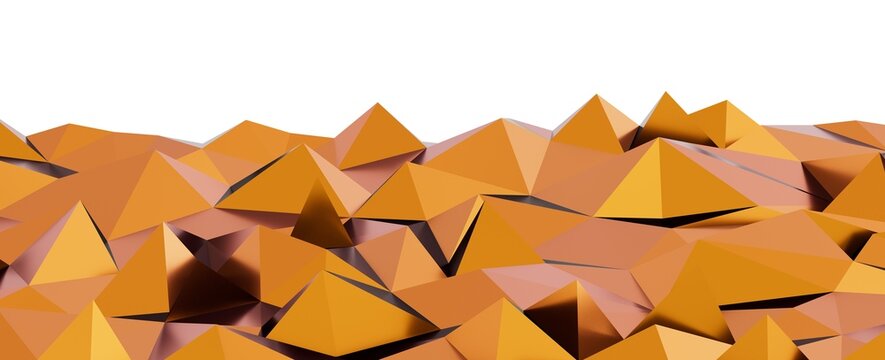 Modern low-poly 3D render of orange and brown geometric pyramids with white copy space.