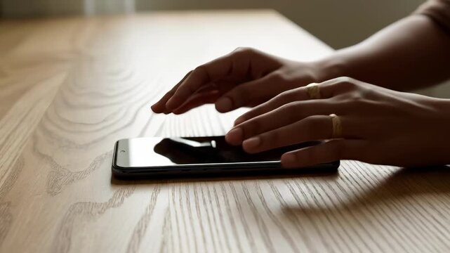 Close-up woman hands typing on smartphone. Person using mobile phone on wooden table. Digital detox concept