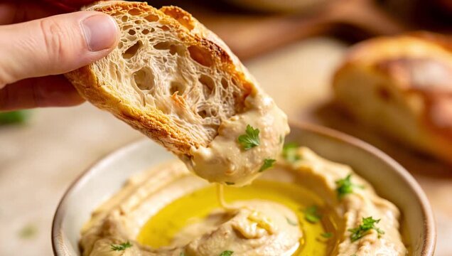 Hand dipping crusty bread into creamy hummus with olive oil and parsley. Close-up shot of Mediterranean appetizer.