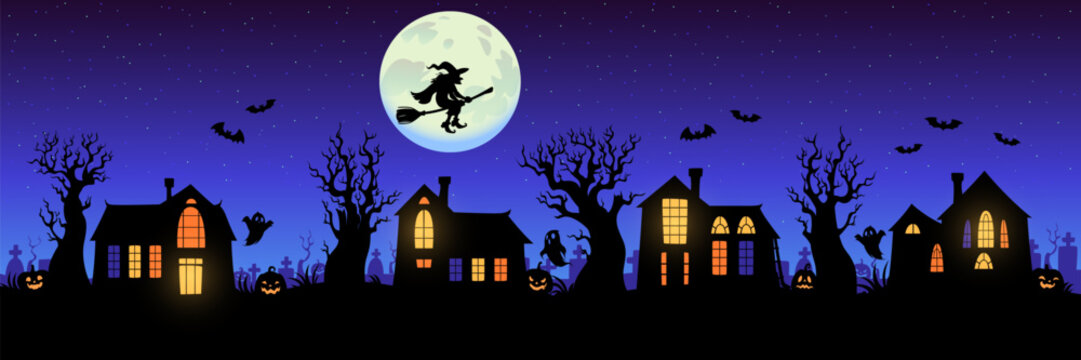 Halloween night town landscape background. Halloween wallpaper, horror holiday background with witch on broom flying over night town homes with glowing in darkness windows and pumpkin lanterns