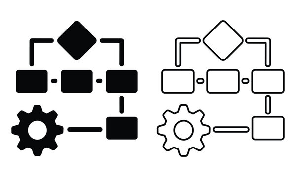 Set of flowchart diagram icons featuring solid and outline styles for business process and workflow visualization
