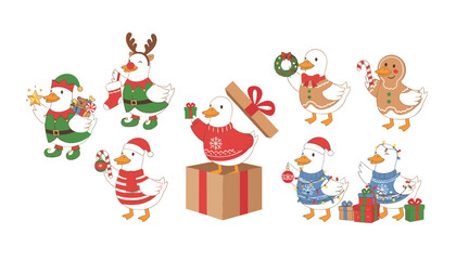 Naklejka premium Collection of eight cute ducks in various christmas costumes like elves and reindeer are interacting with holiday gifts and decorations on white.