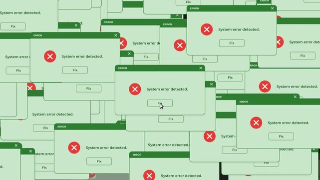 Retro system error windows on 4k, green computer error alert popups, digital glitch