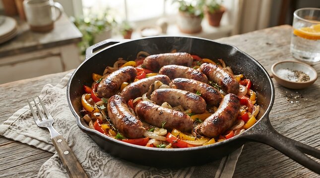Delicious grilled sausages with bell peppers and onions in a cast iron skillet on a rustic wooden table.