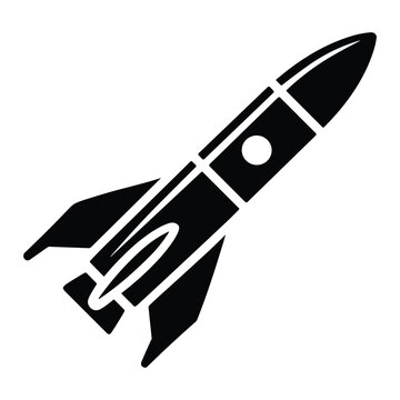 A simple black and white vector icon of a classic space rocket ship launching into the sky