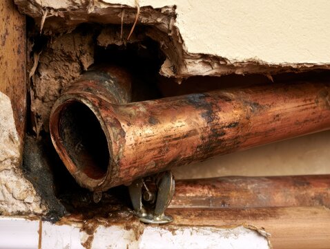 Damaged copper pipe leaking water in damaged wall