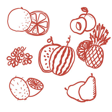 Red doodle tropical and exotic fruits set isolated on white background vector illustration.