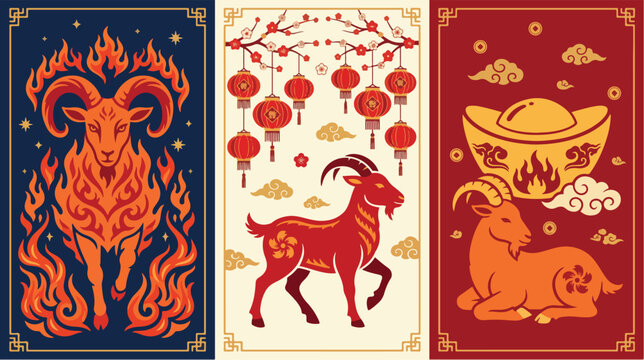Chinese zodiac goat illustration set with fire lanterns and gold ingots for lunar new year design