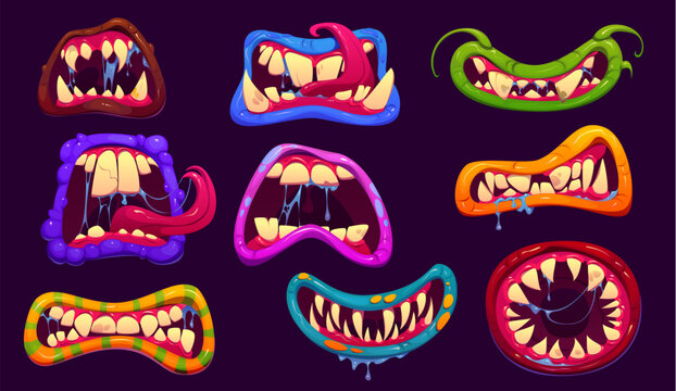 Scary Halloween monster jaws with sharp fangs, dripping saliva and drooling tongues. Vector Halloween holiday horror smiles of evil monsters, vampire jaws, devil demon, alien and zombie mouths set