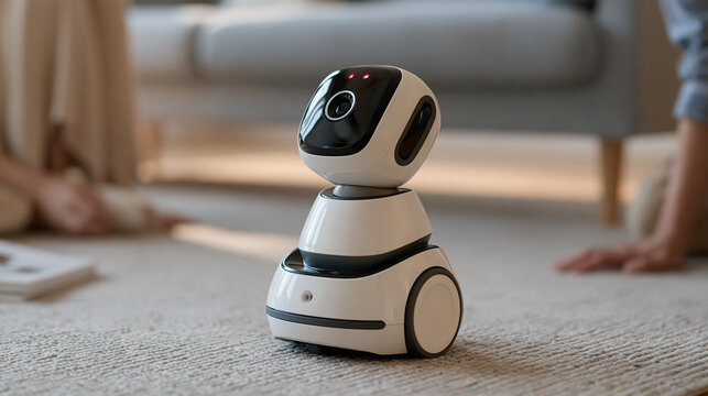 Child-safe robotic toy equipped with small infrared proximity sensors stopping just before a household obstacle, wide view of a living room floor test environment with sensor