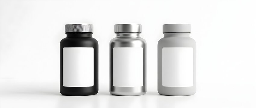 Three supplement bottles with blank labels in black, silver, and grey JPEG.