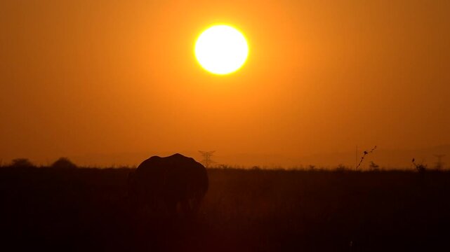White rhinoceros grazing in the sunrise silhouette.