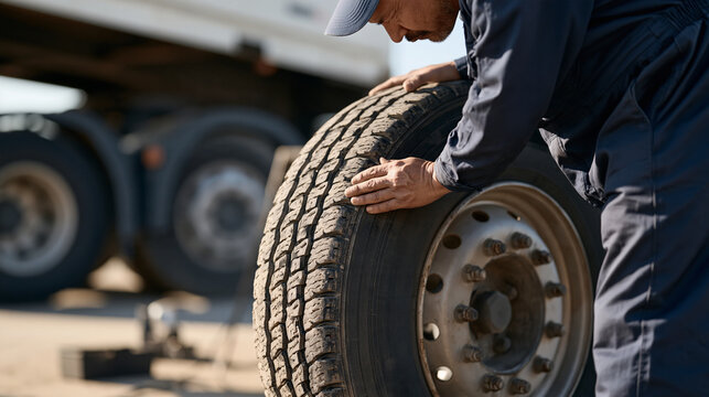 Close-up of a worn heavy-duty truck tire being inspected by a fleet maintenance technician under a parked freight semi-trailer, checking tread depth and sidewall condition as part