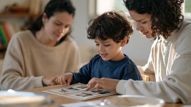 Colombian autistic preschooler being guided by a therapist through object-based choice making using a low-tech communication wallet filled with photograph cards, early AAC