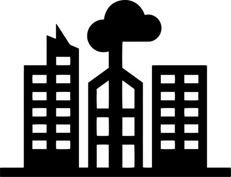 City skyline silhouette with skyscrapers and a cloud or smoke icon vector design
